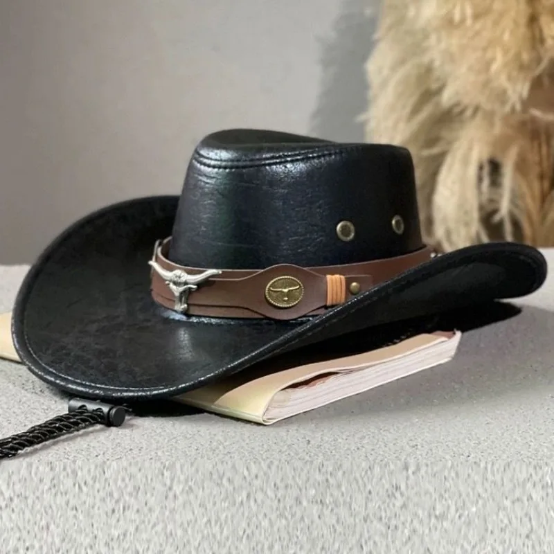 Western-Cowboyhüte aus Kunstleder für Damen und Herren, Vintage-Gentleman-Hüte, Panama-Cowgirl-Jazzmütze, Sombrero Hombre