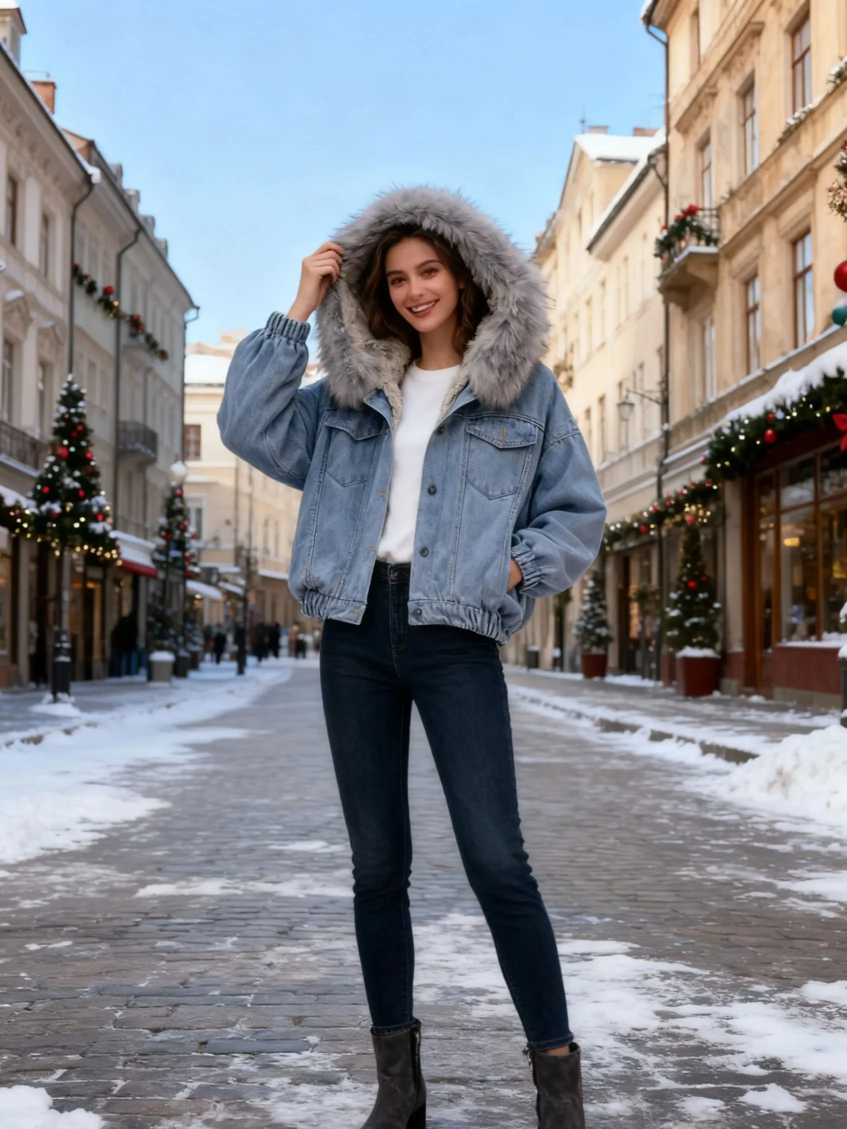 

Women'S Light Denim Jacket with Luxurious Faux-Fur Hood & Lining - Winter Warm Short Coat