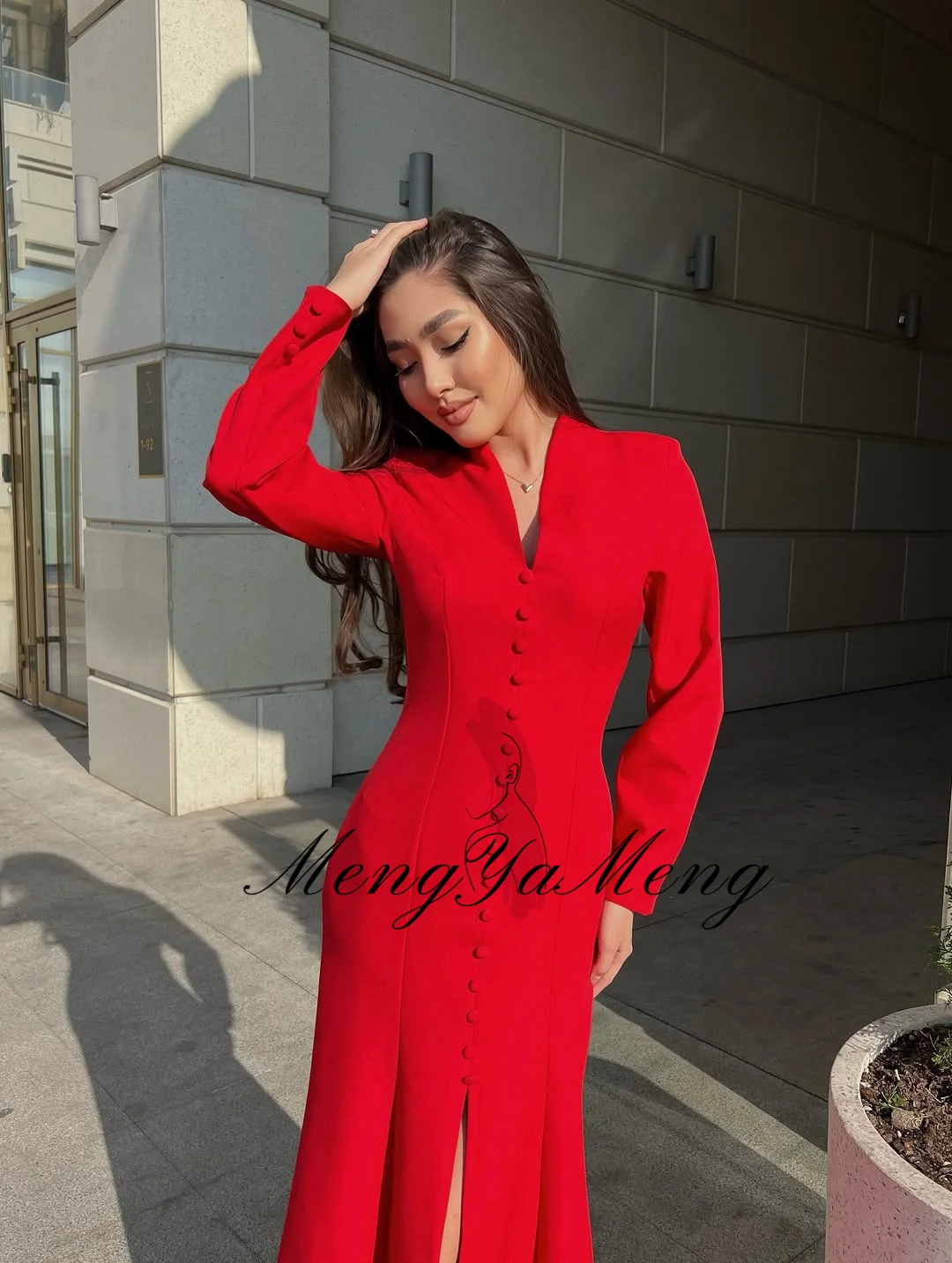 ZHUISHU Red Long Prom Dresses Semi-Mermaid Ankle-Length V-Neck Long Sleeves Casual Evening Dresses Customized Party Gown Women
