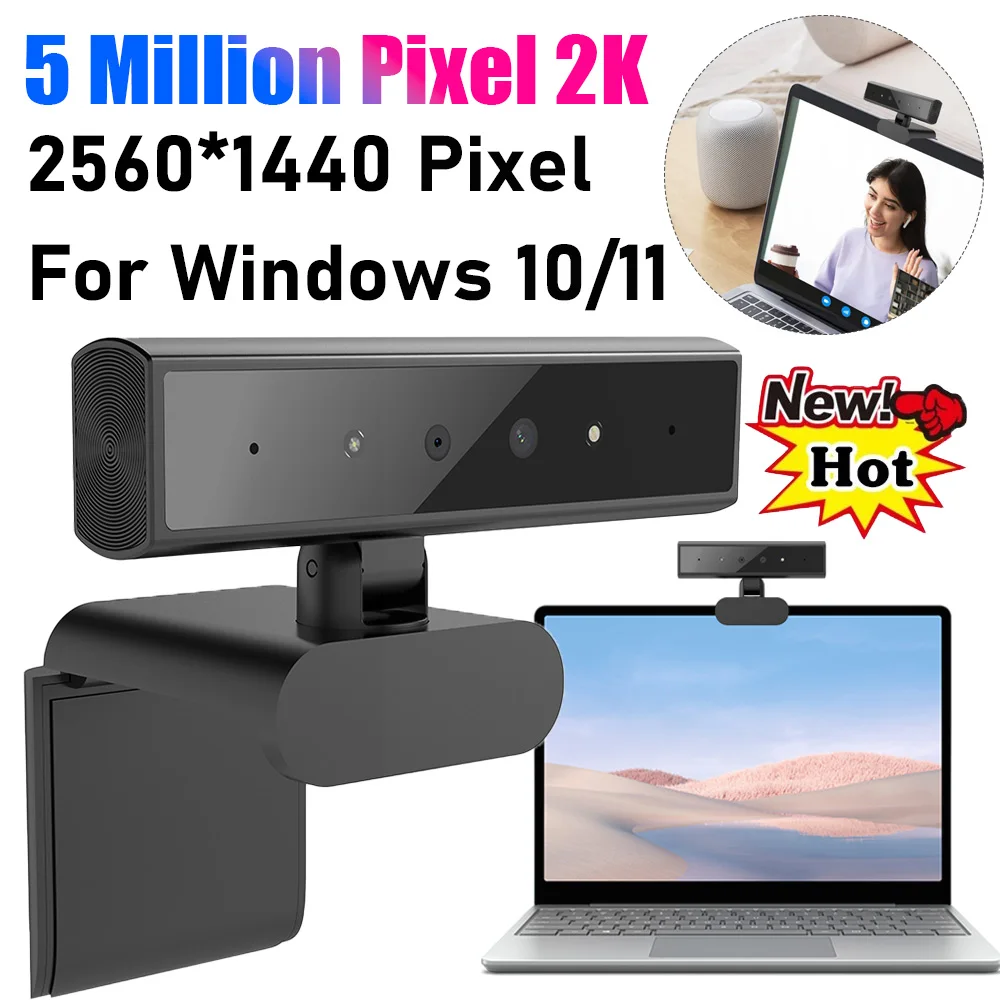 Facial Recognition Webcam Windows Hello 2K Webcam 5MP 1080P Web Camera IR Facial Recognition Login For Laptop PC Camera with Mic