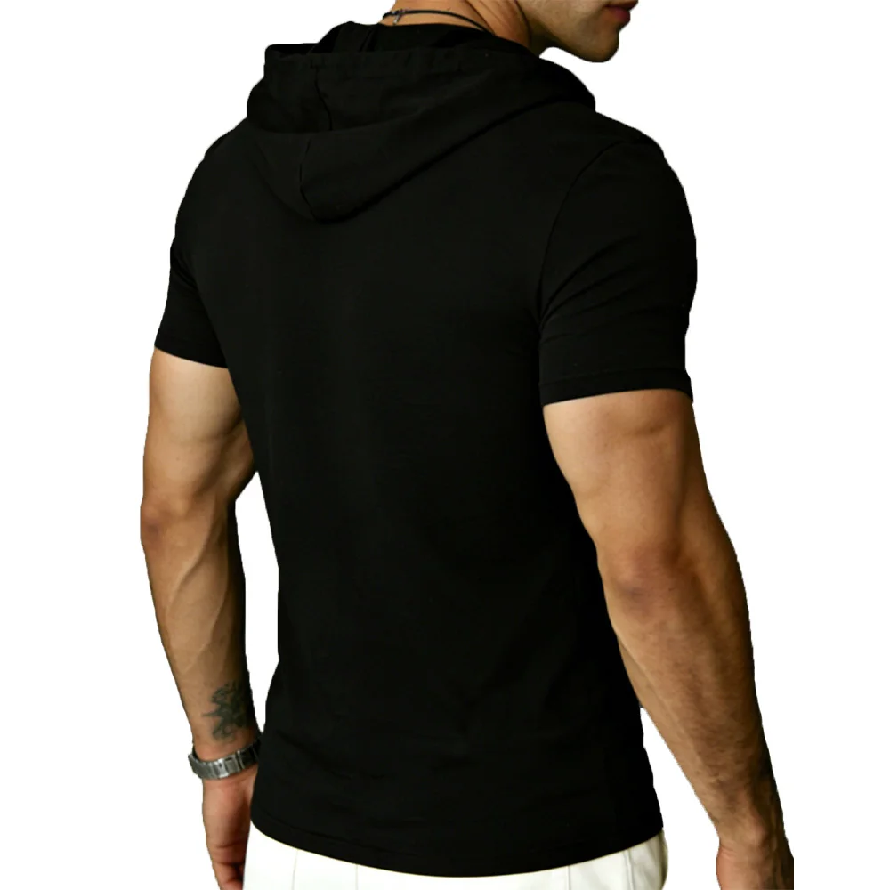 Men's Hooded T Shirt Henry Neck Drawstring Short Sleeve Men Summer Casual Slim Fit Hoody Shirt Homme Top Tees Streetwear