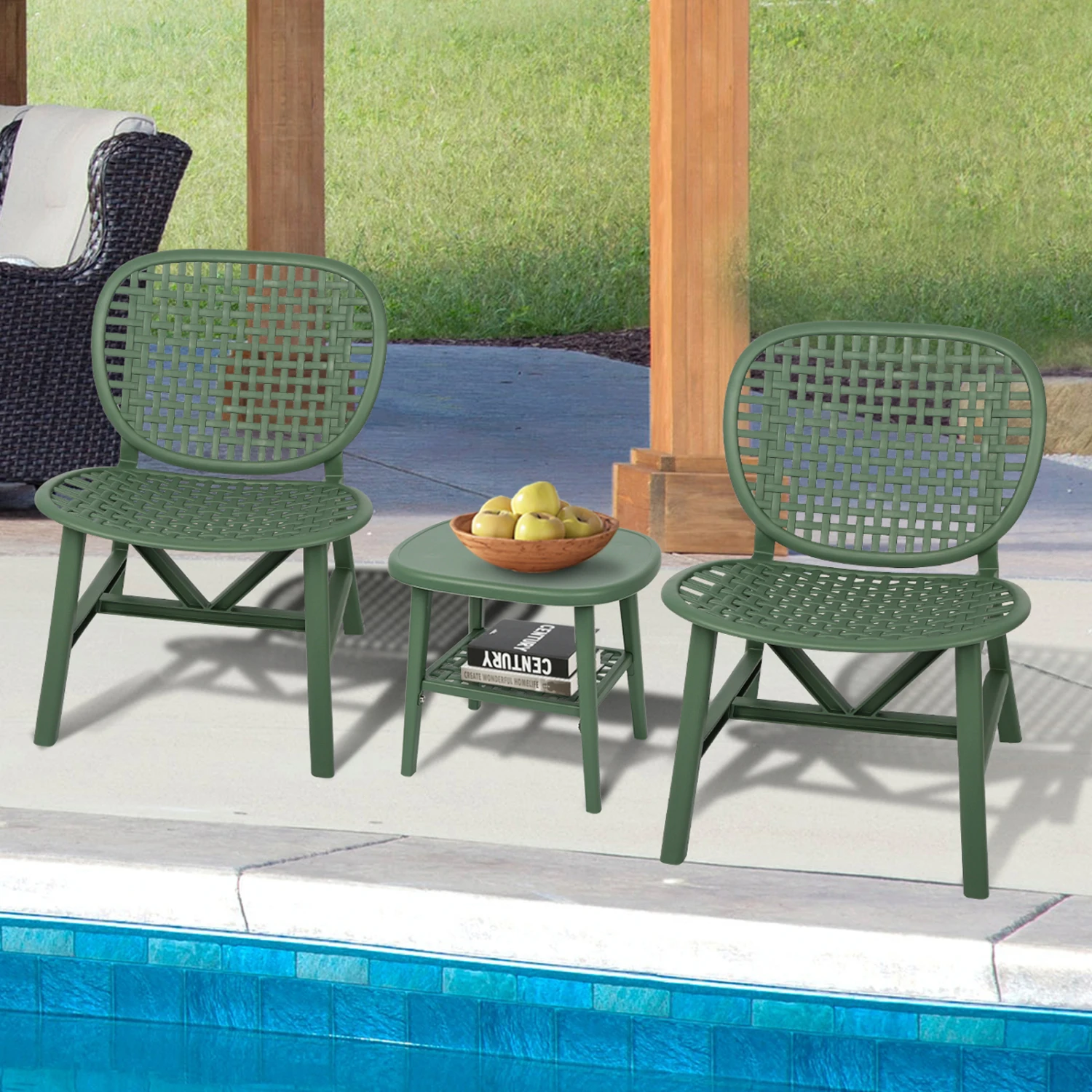 

3 Pieces Hollow Design Retro Patio Table Chair Set All Weather Conversation Bistro Set Outdoor Table with Open Shelf and Lounge