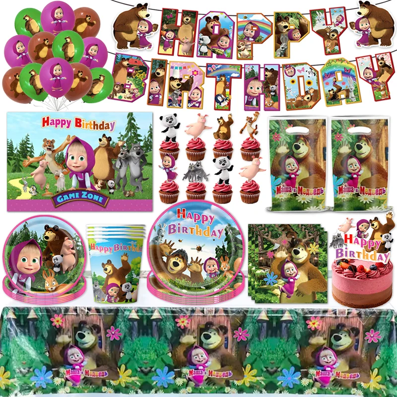 135-teiliges Set Mascha und der Bär Geburtstagsdekoration Ballon-Hintergrund Einwegteller Becher Tischdecke Geschenktüte Mädchen-Geschenke Babyparty