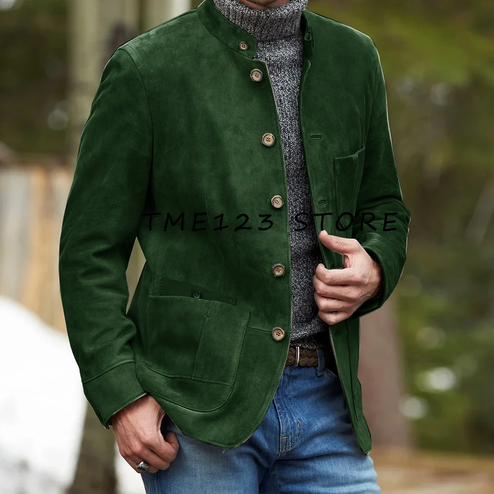 Men\'s Suede Jacket Simple Casual Solid Color Single Breasted French Street Style Male Coat for Men Suits High Quality Outerwear