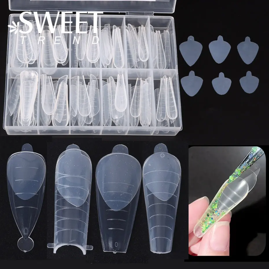 120pcs Duet System Dual Form Set French Manicure Full Cover Silicone Square Almond Reuse Nail Sticker Top Mold False Tips Tools