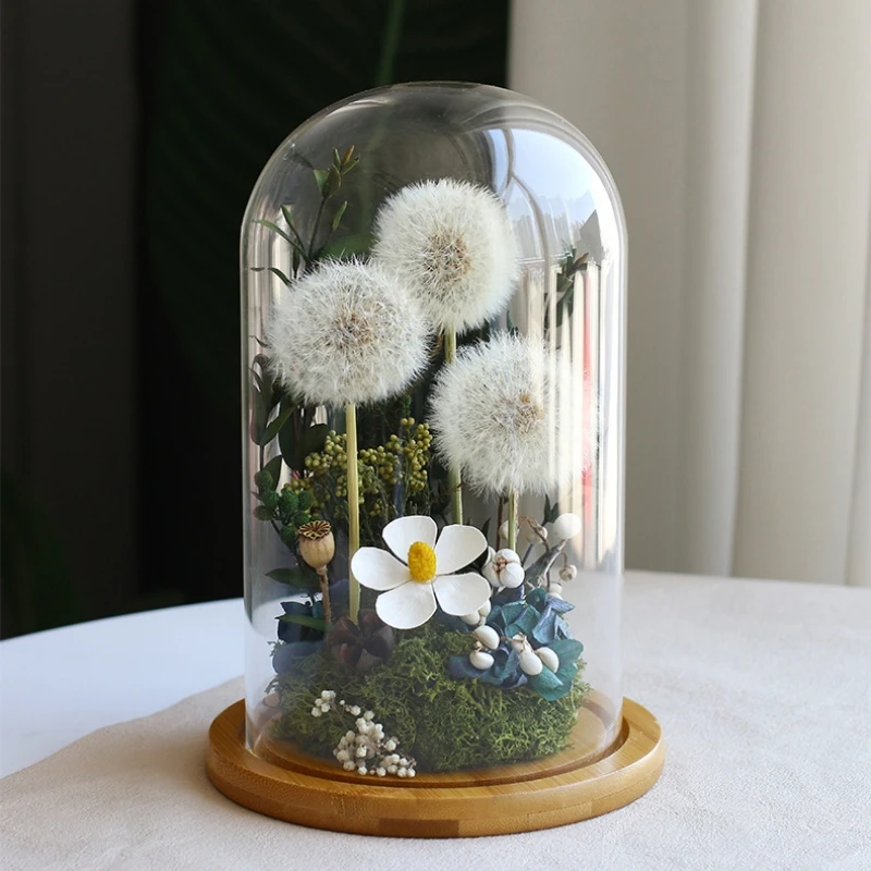 2sets/pack 10*20cm Glass Dome Vase Home Decoration Creative Transparent Cover Bamboo Base House Ornament Wedding Friend Gift