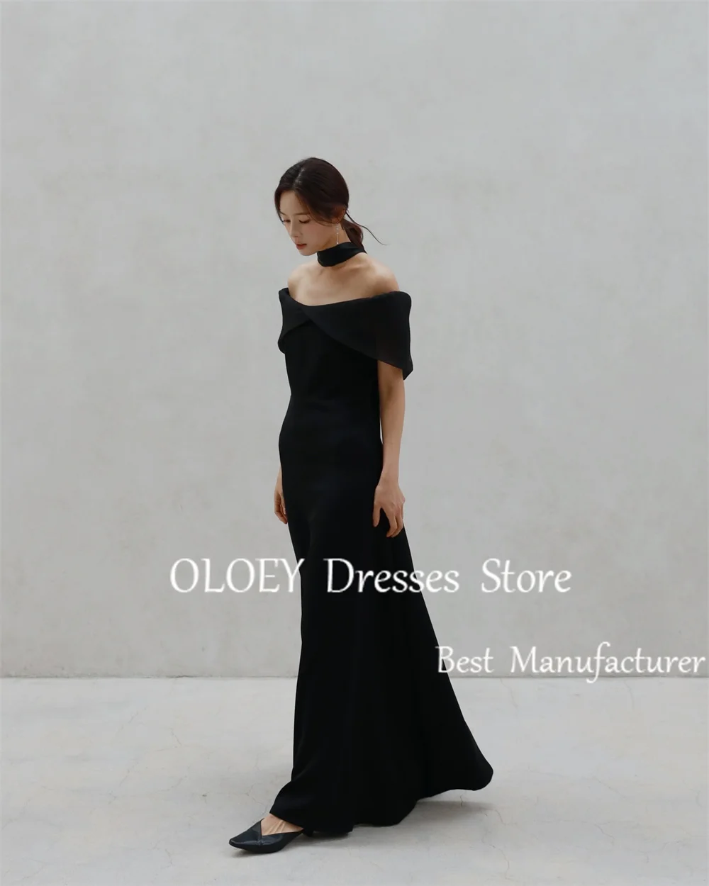 OLOEY Simple Black A Line Evening Dress Korea Photoshoot Off Shoulder Short Sleeves Silk Chiffon Wedding Party Dress Custom Made