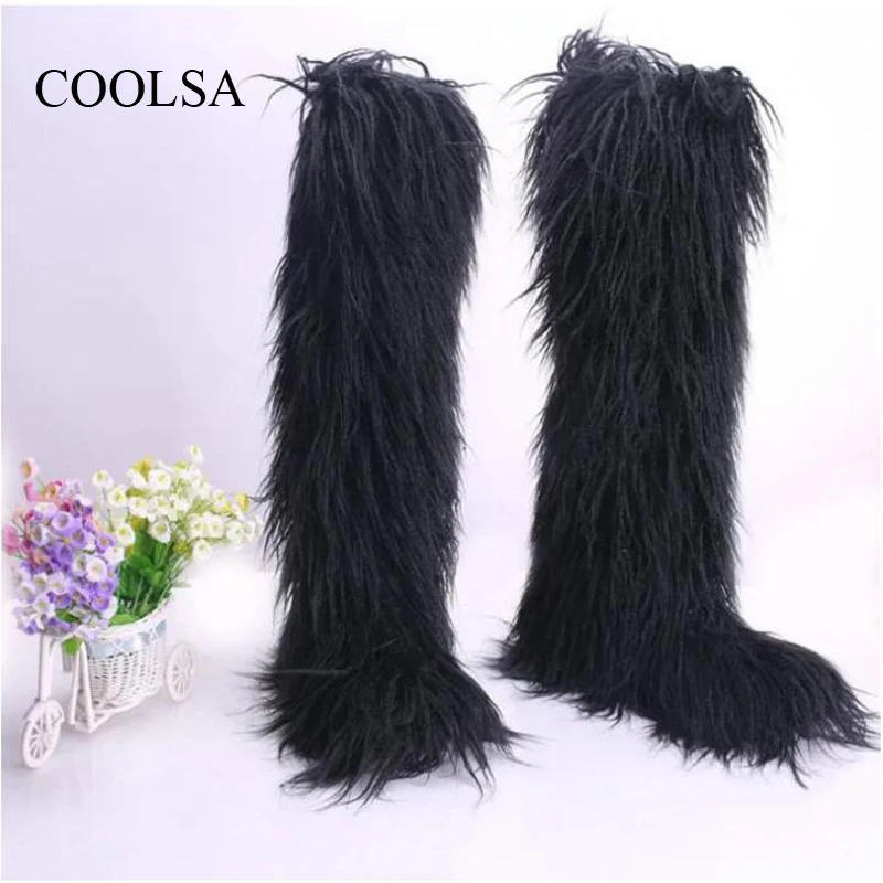 COOLSA Women Outdoor Plush Knee Warm Snow Boots Ladies Faux Fur Furry Non-slip Shoes Essentials Cold-resistant Plus Size Boots