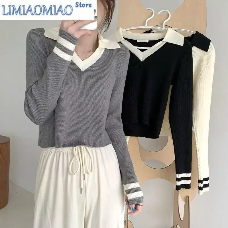 

Simplicity Color Contrast Office V-neck Knitting Shirt Women New Long Sleeve Classic Polo Collar Korean All-match Sweaters
