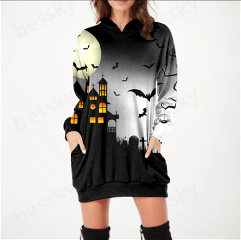 

Ladies Halloween printed long sleeve hooded sweatshirt pocket hooded pullover dress sweater