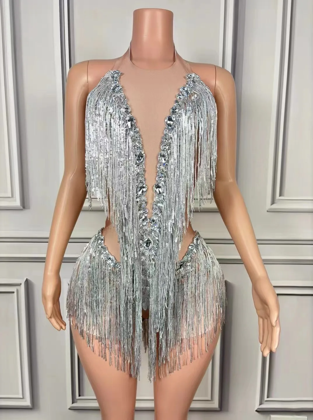 

New Silver Halter Tassel Latin Dance Costume Prom Competition Music Festival Singer Singing Costume Car Show Model Dress