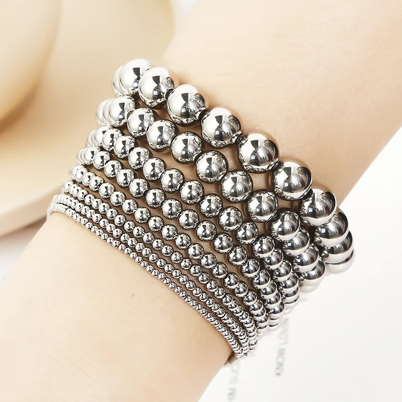 Fashion Jewelry Women Gifts Waterproof Metal Steel Ball High Quality Smooth Diameter 3-4-6-8mm Elastic Stainless Steel Bracelet