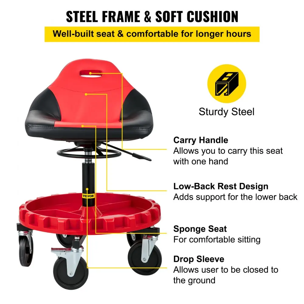 

VEVOR Rolling Garage Stool 300LBS Capacity 18"-23" Adjustable Height Range Mechanic Seat with Swivel Casters and Tool Tray