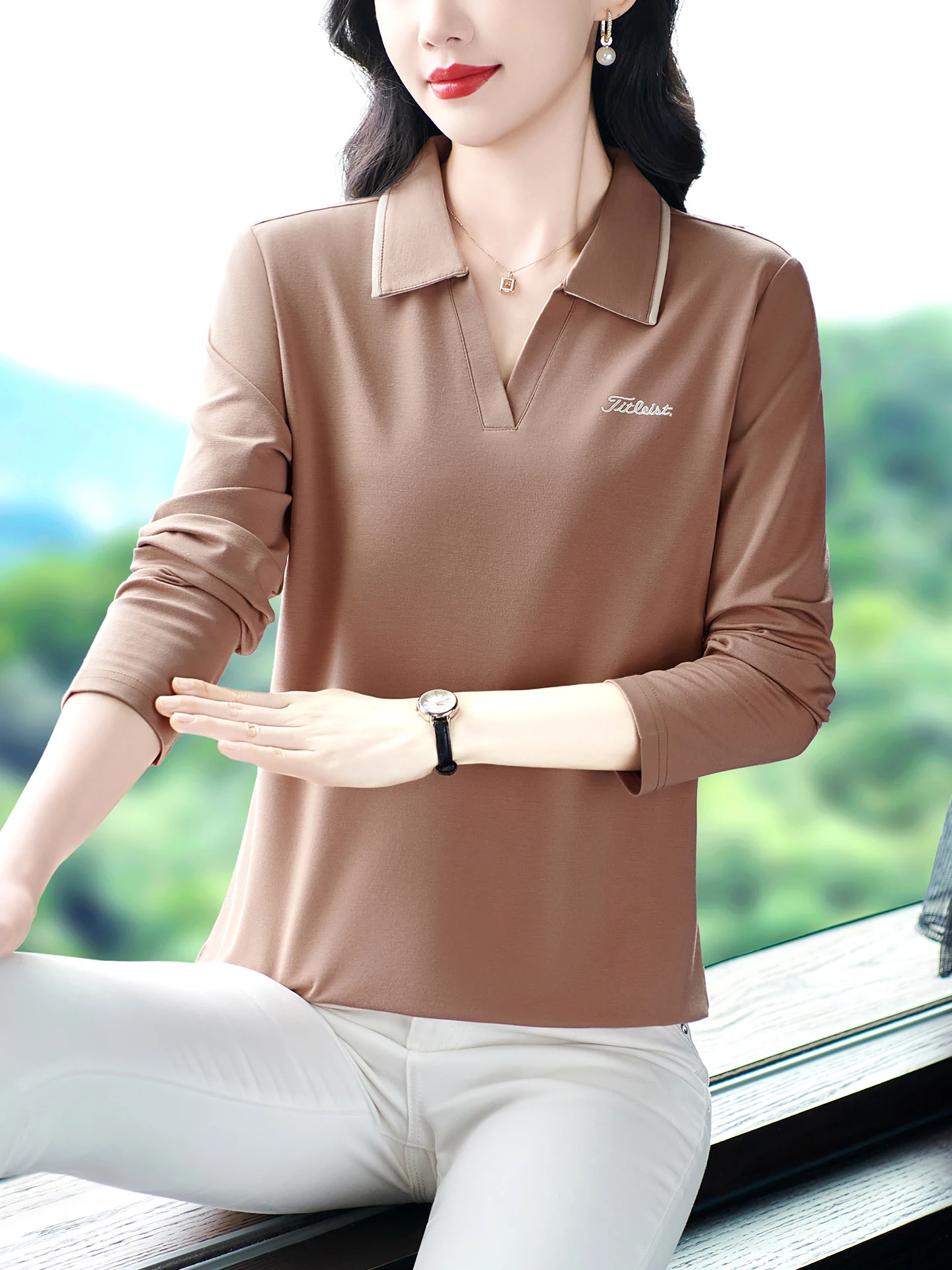 

Ice Silk Long Sve T-irt Women Summer Middle-Aged Mom Cool Qui Dry Casual Top Spring Autumn irt Stand Fit Lei...