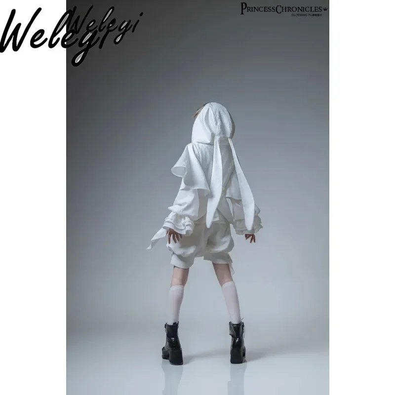 Sweet Cool Lolita Rabbit Ears Hooded Coat Female 2024 Autumn New Retro Cute Long Sleeve Jackets for Women Puffer Shorts Pants