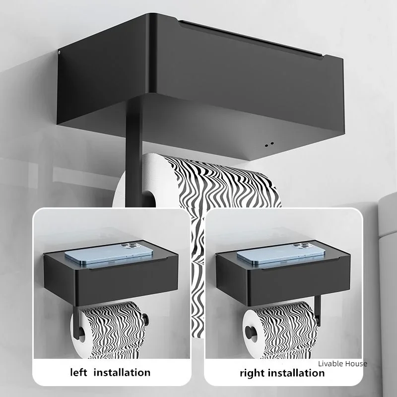 Toilet Roll Holder  Bathroom Storage Rack with Wipes Dispenser Black Multi-function Roll Paper Holder Stainless Steel Accessorie