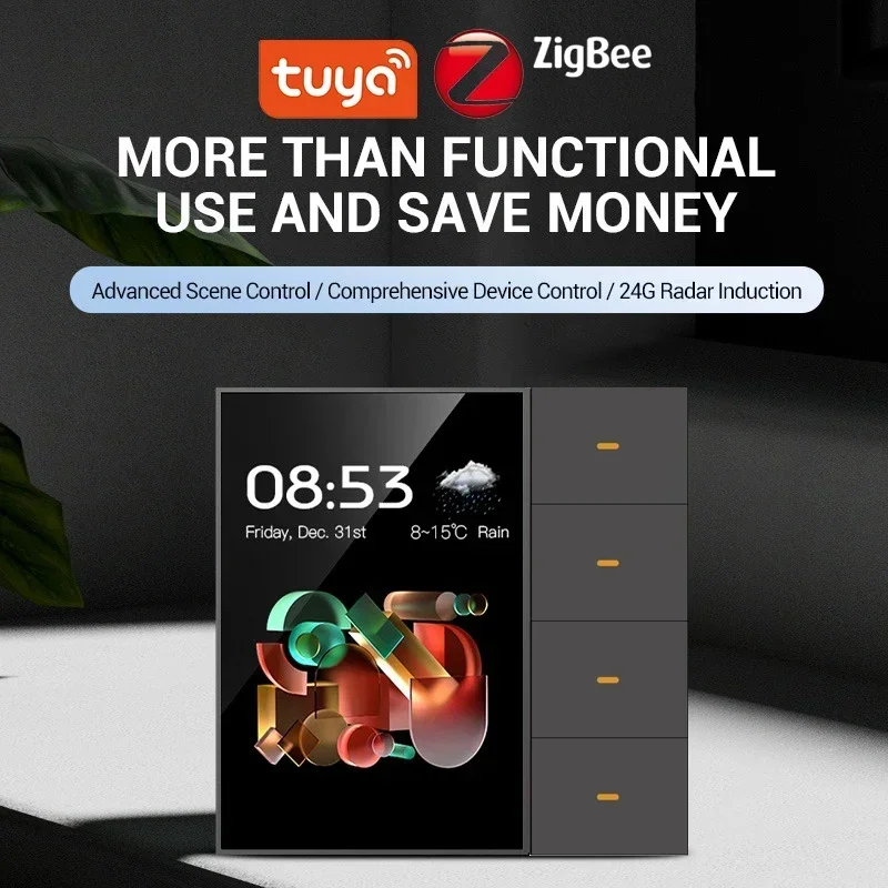 

Tuya Zigbee 3,5-дюймовый умный настенный переключатель с сенсорным экраном, 4 группы, 8-позиционный радарный датчик сцены, переключатель затемнения, занавеска, умный дом