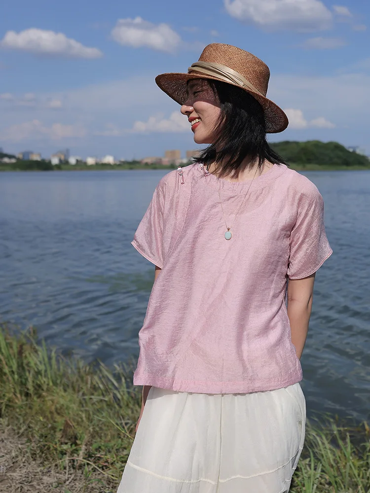 

Оригинальный китайский топ с круглым вырезом и коротким рукавом, прозрачный, шелковый, синий, с эффектом медленного изменения цвета, традиционный дизайн с пуговицами, Fre Arti...