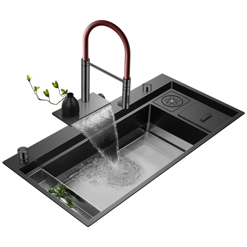 ASRAS Kitchen Sink Handmade Nano Grey Large Single Sink with Built in Garbage Can and Cup Cleaning Device