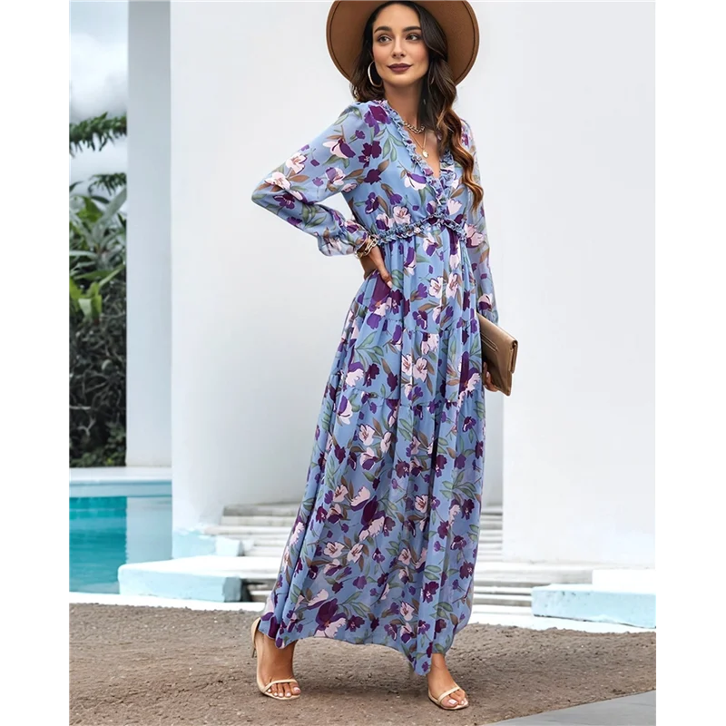 ASDS-Damska codzienna sukienka boho z głębokim dekoltem w serek i długim rękawem