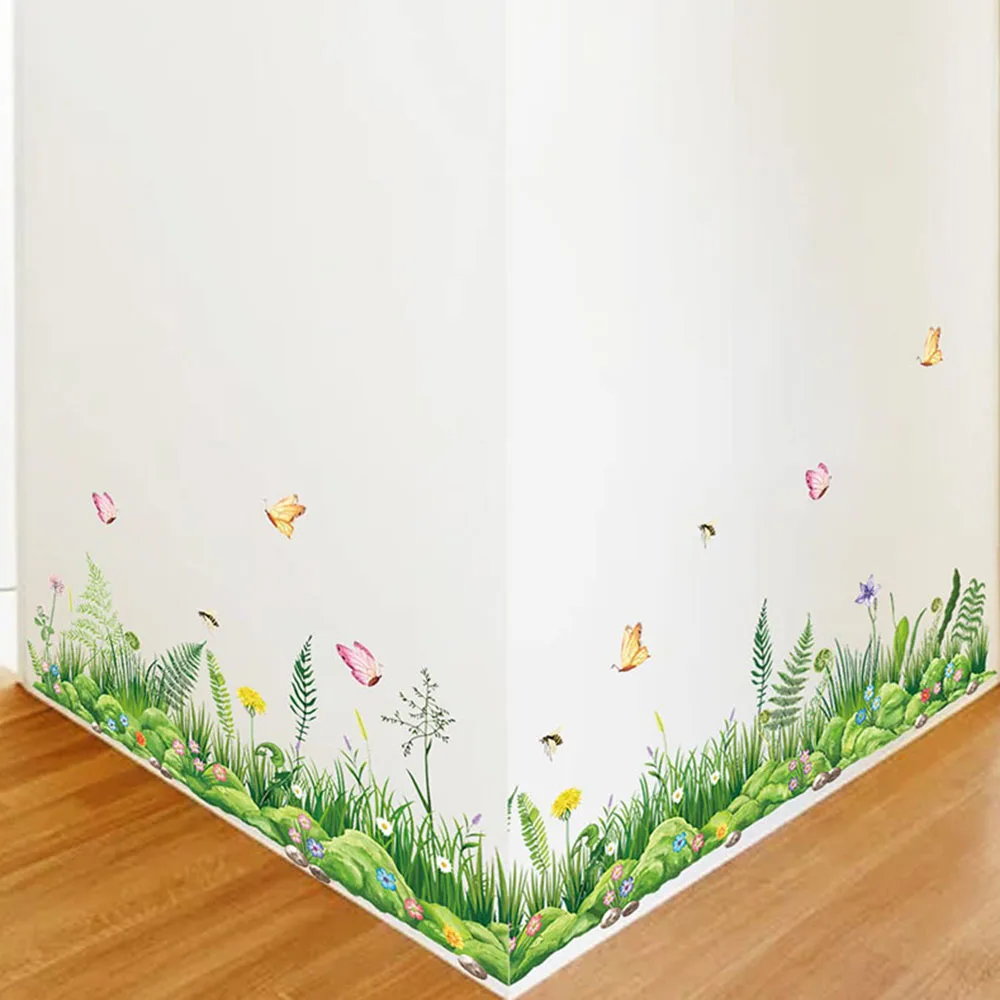 Watercolor Green Grass Plants Border Wall Stickers Bedroom Playroom Flowers Nature Rooftop Wall Decals Bathroom Bedroom
