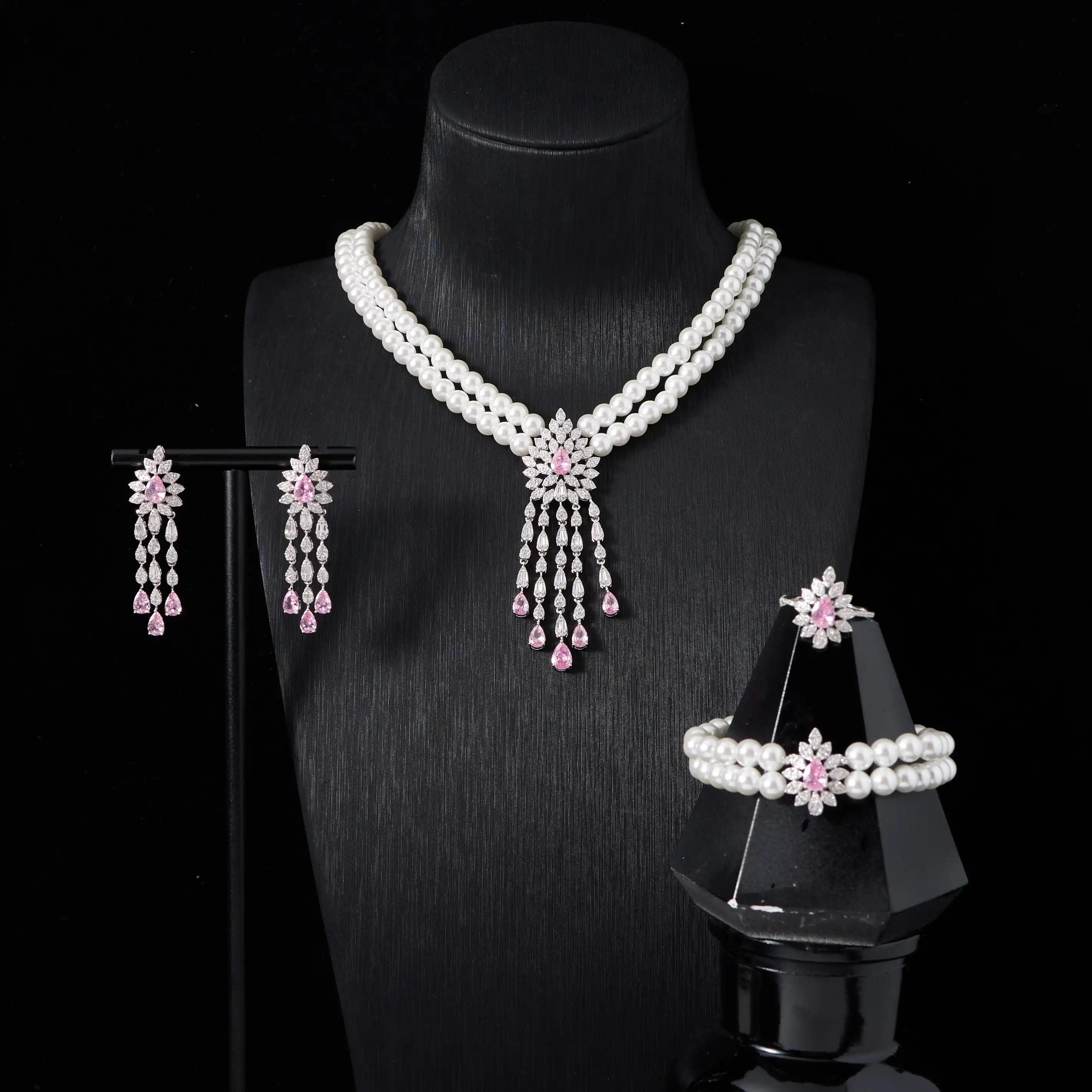 IN JEWELIFE Tassel Pearl Jewelry Sets for Women Pink Cubic Zircon Set Full Jewellery Woman Saudi Arabia Wedding Party Accessory