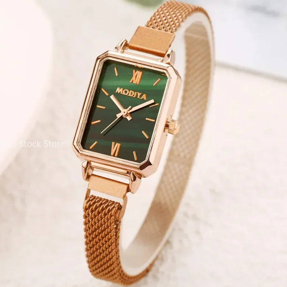 

New Women Watches Fashion Square Ladies Quartz Watch Magnetic Strap Green Dial Simple Rose Gold Mesh Luxury Women Watches