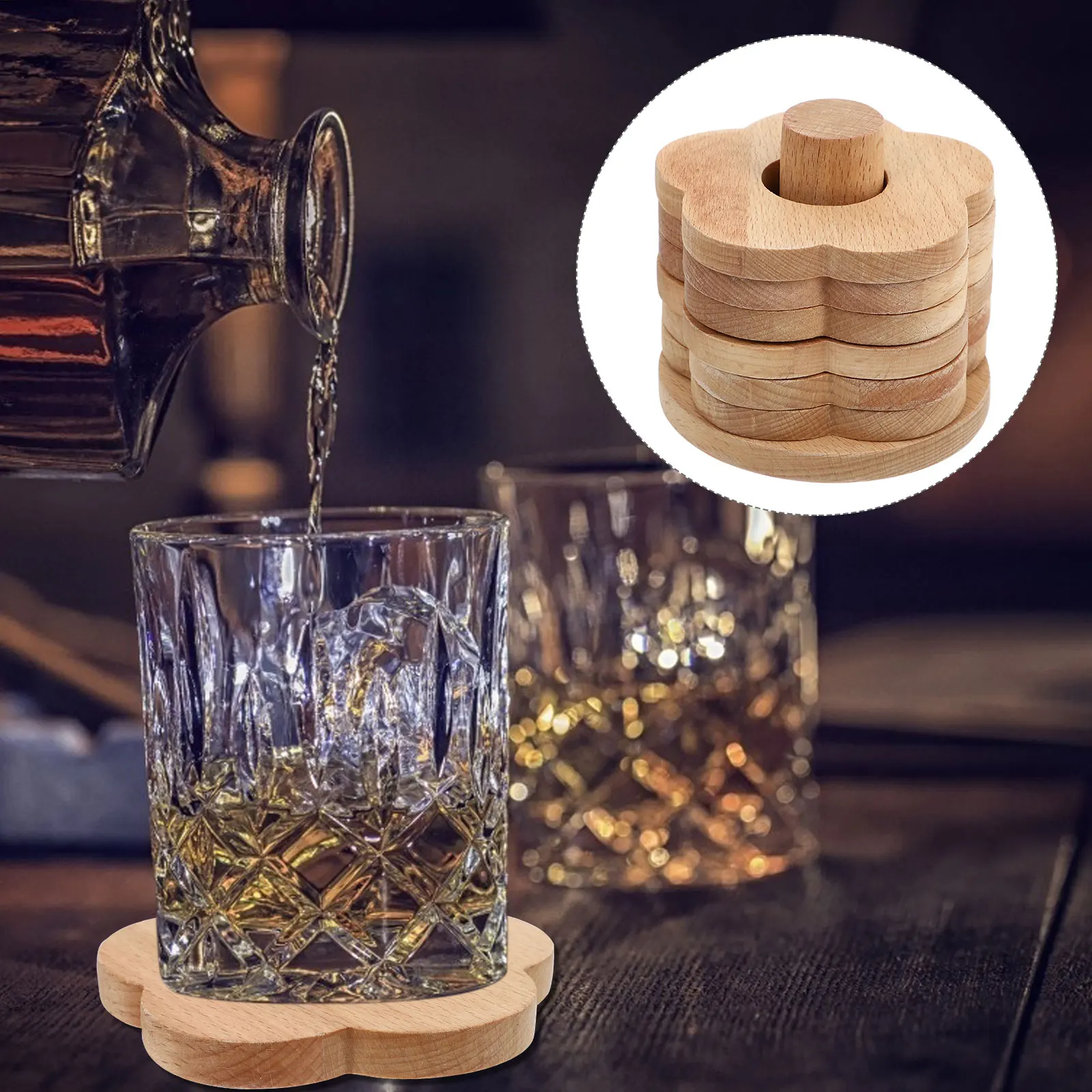 

7pcs Wooden Coasters For Home Heat Insulated Cup Pads Non-Slip Tableware Mats Thick Flower Shape Kitchen Supplies
