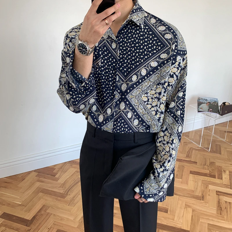 

Мужская рубашка MRCYC с длинным рукавом, повседневная, свободного кроя, с цветочным узором, в корейском стиле, осенняя, из смесового хлопка и полиэстера