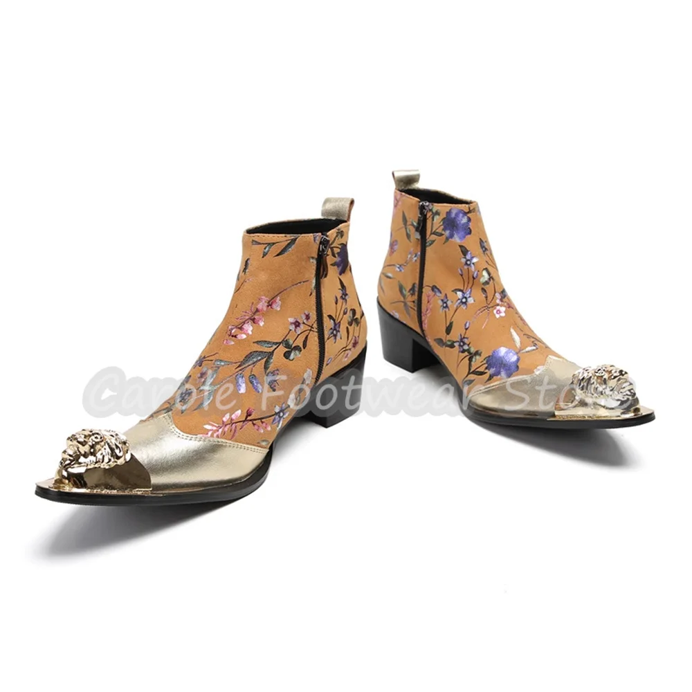 Retro Floral Print Ankle Boots for Men Metal Point Toe Chunky Heel Side Zipper Chelsea Boots Male Western Party Dress Footwear
