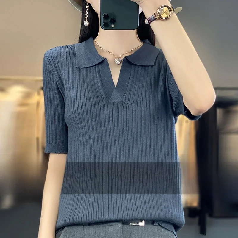 

Ele Summer Knitted Cotton T-irt Collar f Sve Loose Fit Women's Top Comfortable Breathable Casual Wear