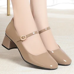 2023 Autumn New Women's High Heels Fashion Chunky Heel Casual Party Career Work Mary Jane Soft Leather Shoes