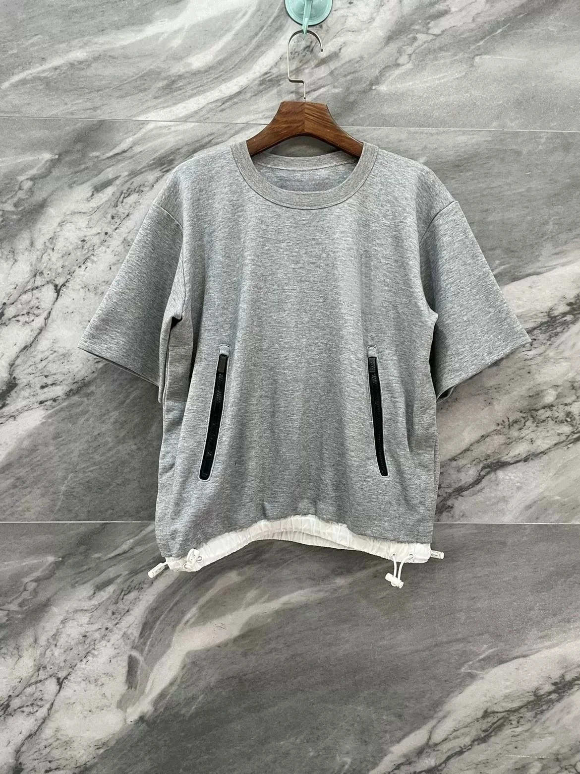 SAC letter print loose half sleeve hidden button design on both sides zipper drawstring cotton silhouette T-shirt