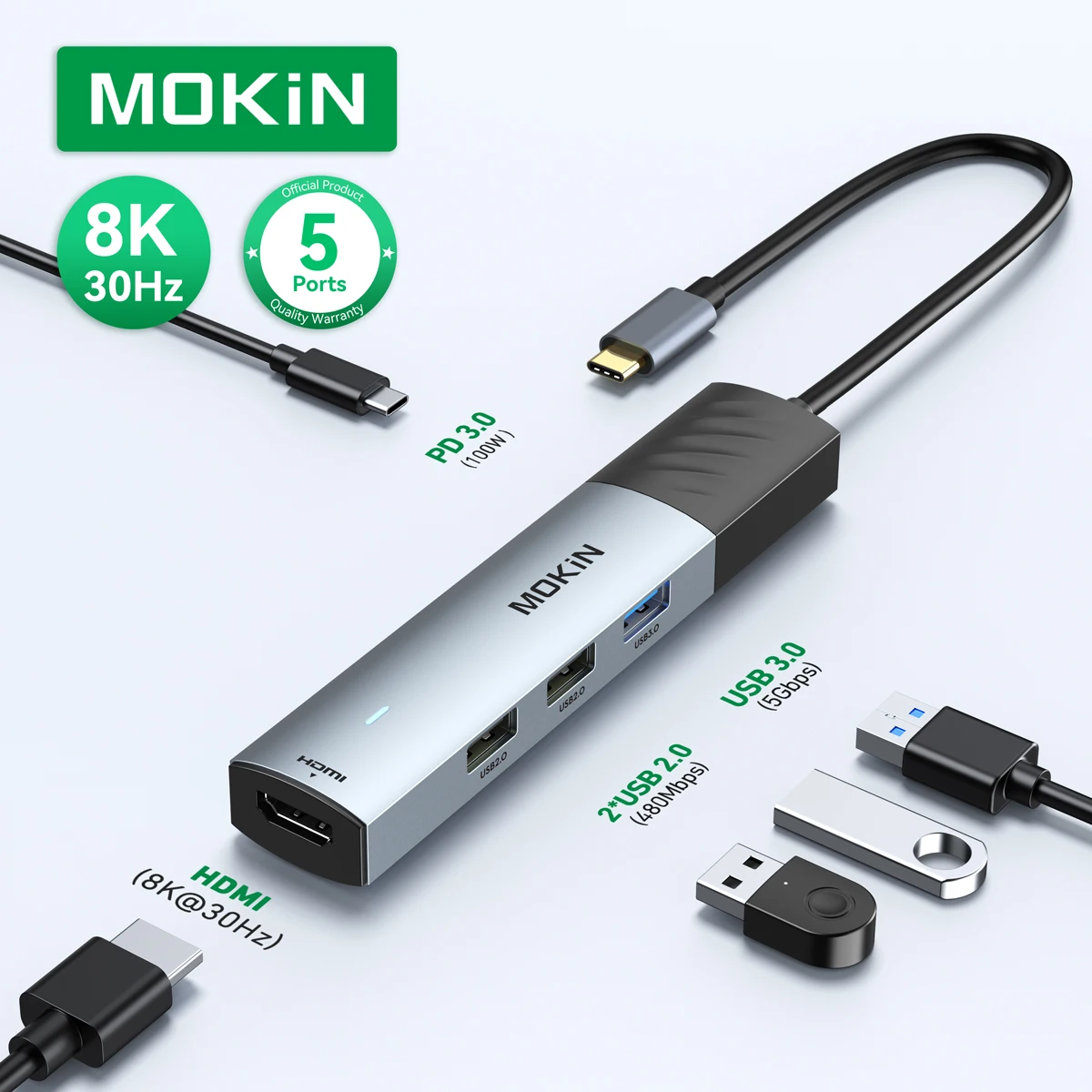 MOKiN 8K HDMI USB Hub USB Type-C Multiport Hub Adapter 5Gbps USB 3.0, USB 2.0, 100W PD3.0 for MacBook Pro/Air iPad PC Laptops