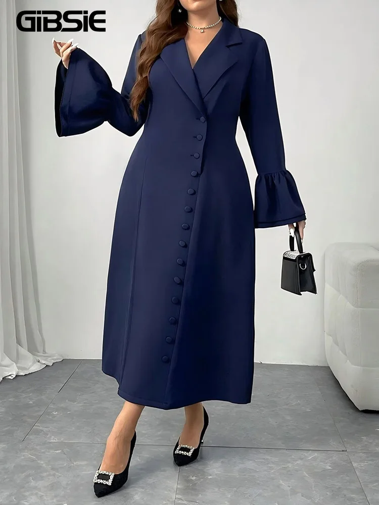 

GIBSIE Plus Size Notched Neck Single-breasted Elegant Long Dress Women 2025 Autumn Winter Full Flare Sleeve Solid A-Line Dresses