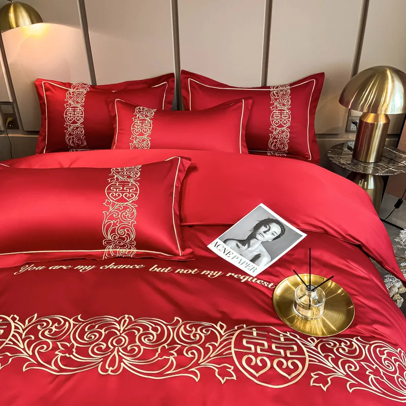 High End Light Luxury 60 Thread Count Long Staple Cotton Wedding Embroidery Four Piece Set Wedding Bridal Bridal Bridal Red