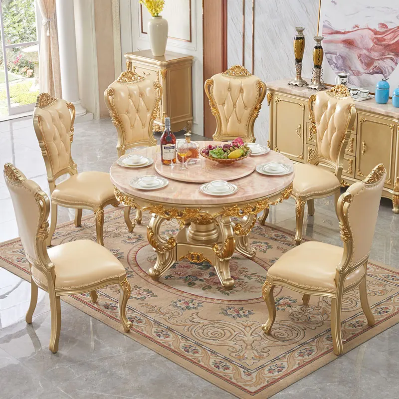 European marble dining table dining chair combination noble gold restaurant round meal with turntable villa household solid wood