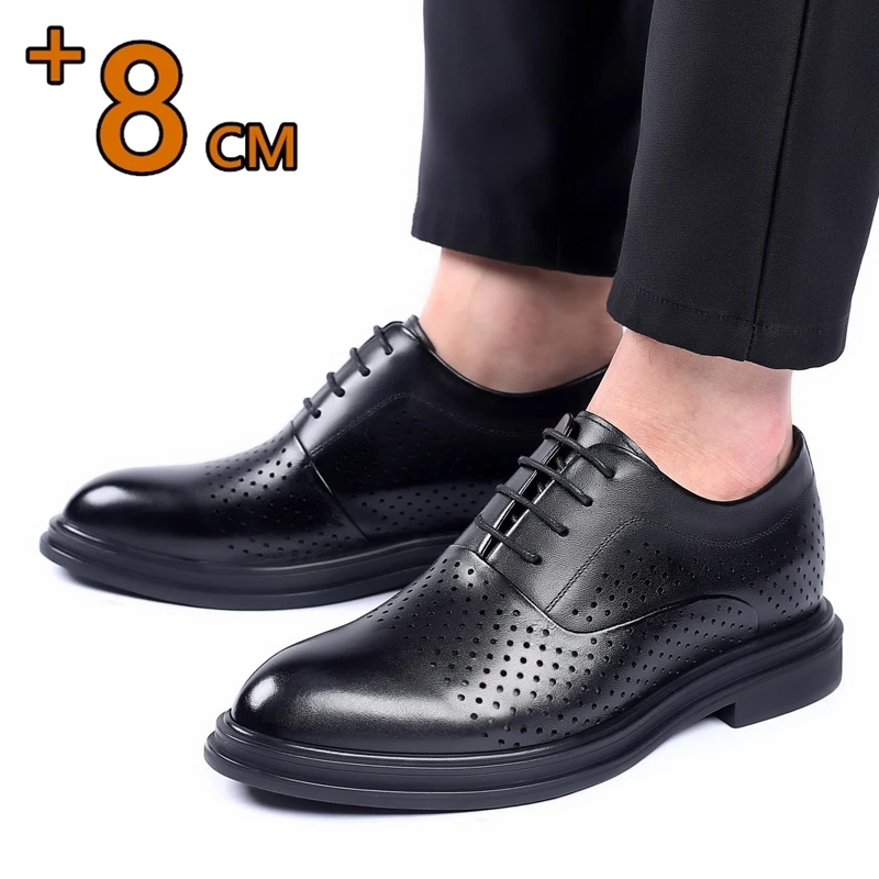 Breathable Summer Elevator Shoes Men Dress Shoes 3/6/8cm Men Formal Shoes Classic Business Hollow Men Oxfords Footwear Suit Shoe