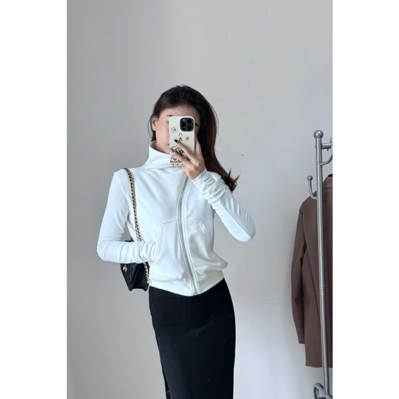 Women Stand Collar Sweatshirts Early Spring Short Design Fleece Slim Zipper Cropped Jackets Commuter Style Pocket White Coats