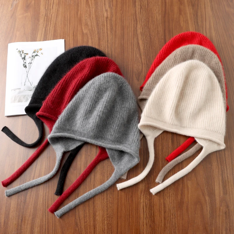 100%Pure Wool Women\'s Winter Knitted Hats Cute Lace-up Students Pullover Hat Autumn Winter Warm Windproof Earflap Beanies Female