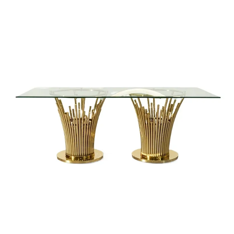 Light luxury glass dining table Golden stainless steel dining table