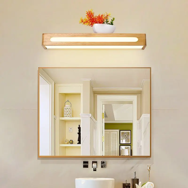 Japanese Rustic Solid Wood Vanity Light with Shelf Soft LED Light Bar for Bathroom Mirror Makeup Dimmable Lighting Wall Light