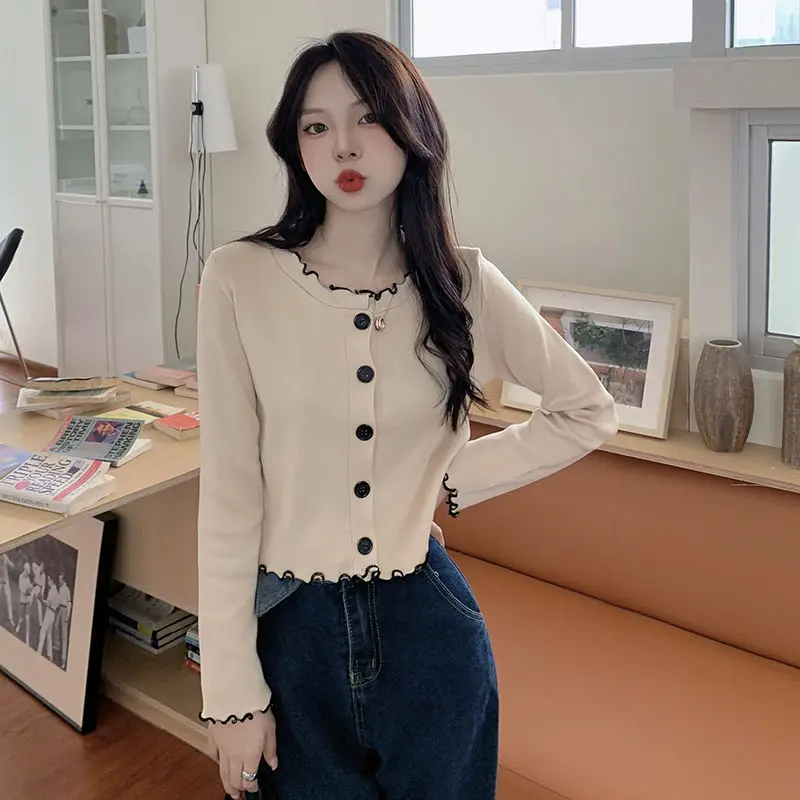 Простой однобортный вязаный кардиган с круглым вырезом, новый шикарный милый топ для девочек