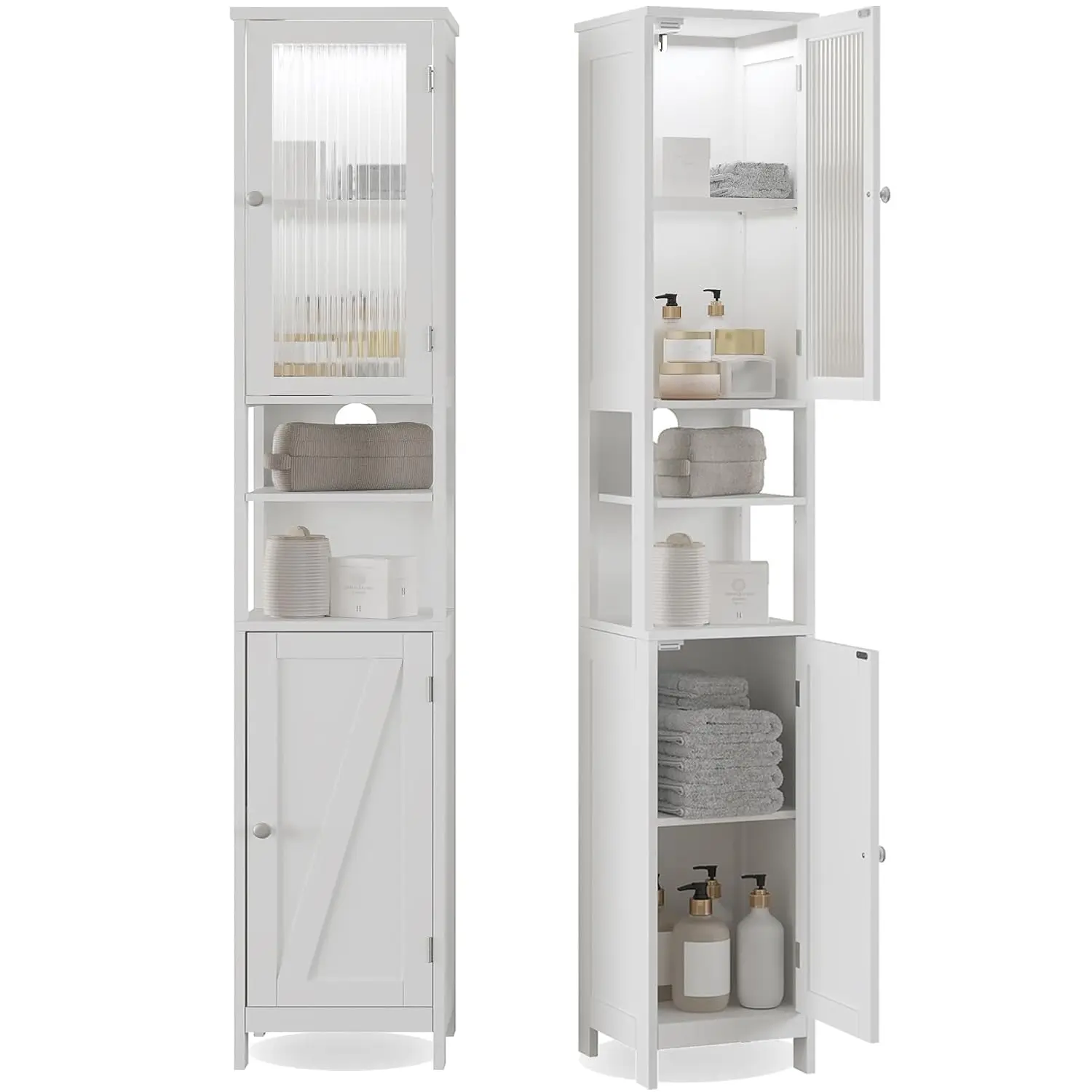 

Tall Bathroom Storage Cabinet with Light, 5-Tier Narrow Bathroom Cabinet with 2 Doors, Slim Storage Linen Cabinet, Customized