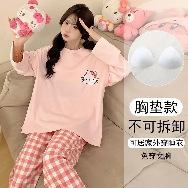 

Sweet Hello Kitty Anime Sanrio Long Sleeve Pajamas Set Cute Kawaii Cartoon Home Wear Shirt Pants Clothing Gifts for Girls