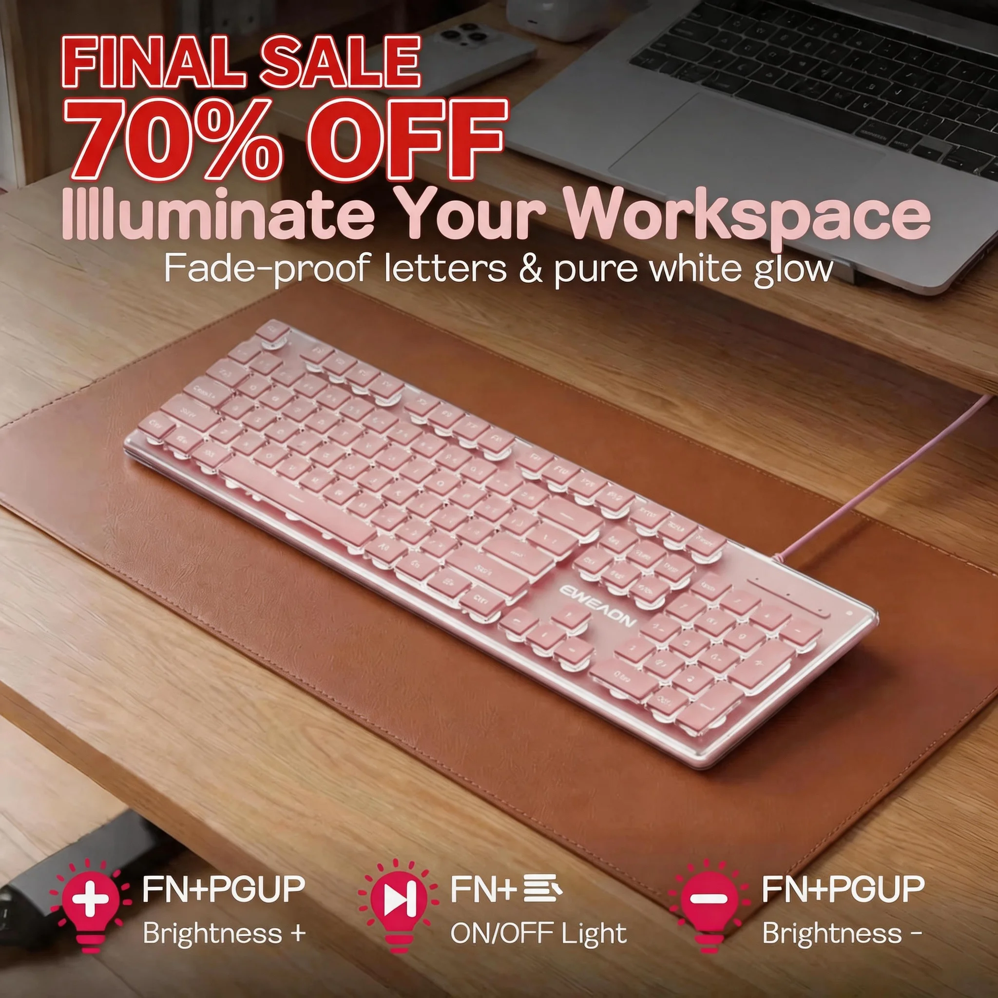 Full Size Wired Gaming Keyboard 104 Keys Crystal Keycaps RGB Backlight Metal Backplate Silent Mechanical Feel Transparent Base for PC Laptop Windows Mac Clearance Overstock