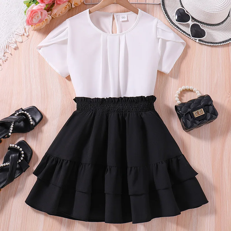 

8-12Y Children Girl Summer Clothes Outfit Soild White Color Short Sleeve Wrinkle T-shirt Top+Black Skirt Princess Dress 2Pcs Set