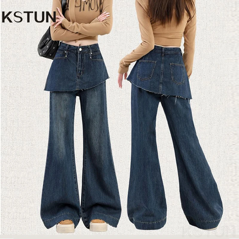 

KSTUN женские расклешенные джинсы с высокой талией, моделиметричный дизайн, искусственные брюки из двух предметов, прямые брюки-клеш, женские джинсовые брюки