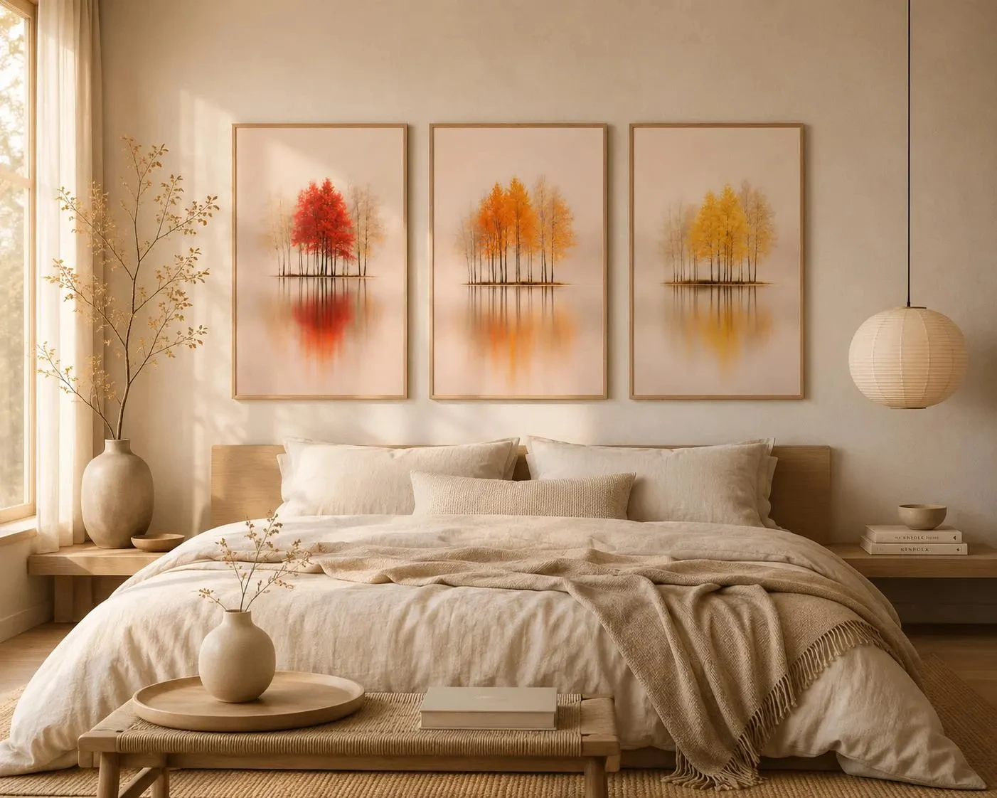 (3PCS Unframe)Autumn Tree Wall Art, Minimalist Landscape Prints, Neutral Nature,Fall Colors Decor,Modern Wall Art (Set of 1,2,3)