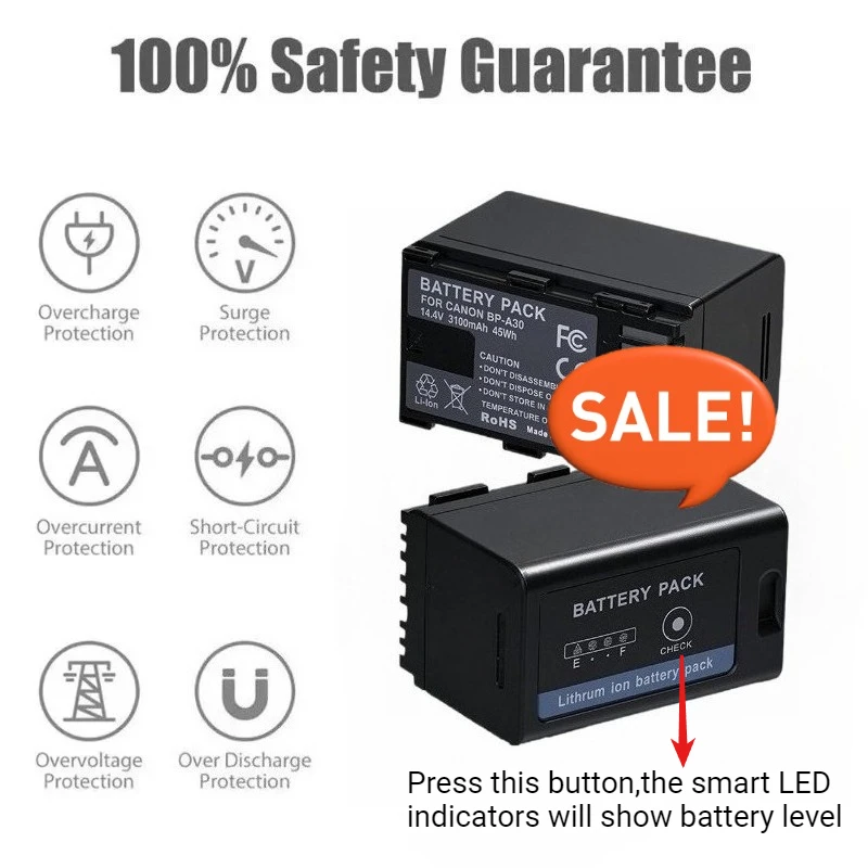 3100mAh BP-A30 BP A30 BPA30 Battery for Canon BP-A60  BP-A30 for Canon EOS CA-CP200L C200 C220B C300 Mark II C500 Mark II 45Wh